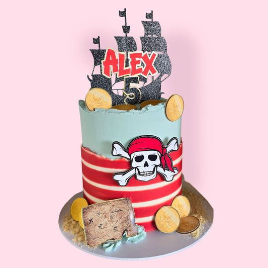 Pirate-themed birthday cake with treasure coins, skull and crossbones, and black ship topper, personalised for Alex turning 5