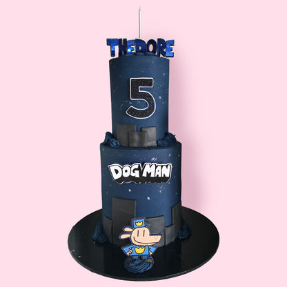 Custom Dog Man-themed two-tier birthday cake with black and navy blue fondant, cartoon topper,
